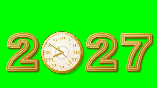 Flat vector golden glossy 3D 2027 like the reference on solid chroma green background: hollow tubular gold numbers two, two, seven built from layered strokes with open centers, inner tube shading, dar