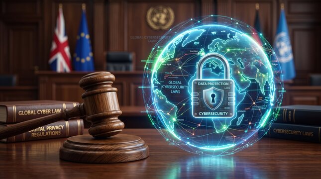 Judge gavel with global cybersecurity law hologram and data protection padlock in courtroom