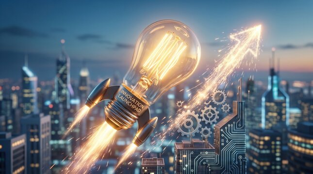 Glowing lightbulb rocket taking off over futuristic digital city concept of innovation launchpad