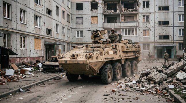 Military armored vehicle and armed soldiers patrolling ruined city streets in war zone