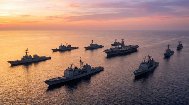 Aerial view of a US Navy aircraft carrier fleet formation sailing across the ocean at sunset