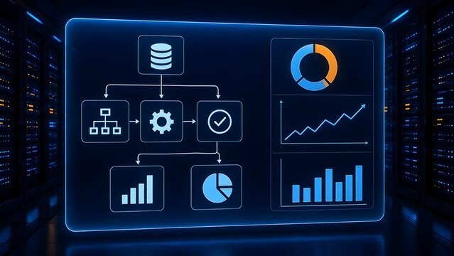 Glowing digital dashboard displaying algorithm flowcharts data analytics and business intelligence graphs in a server room environment