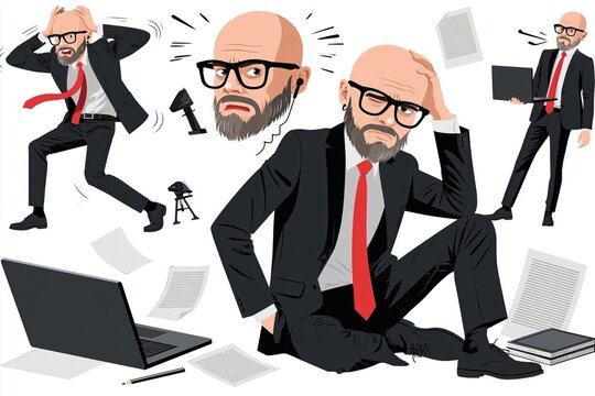 Illustration of a stressed businessman in a suit dealing with work pressure and office deadlines