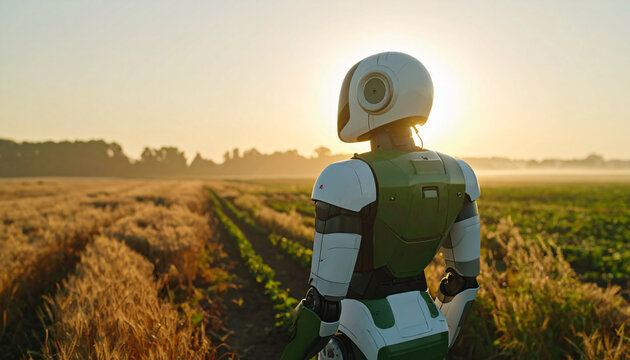 Futuristic humanoid robot walking through golden wheat field at sunrise, technology and agriculture concept