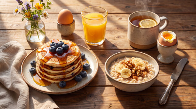 A beautifully arranged breakfast platter featuring fluffy pancakes topped with blueberries, drizzled with syrup, accompanied by drinks and oatmeal, inviting a warm morning feel.