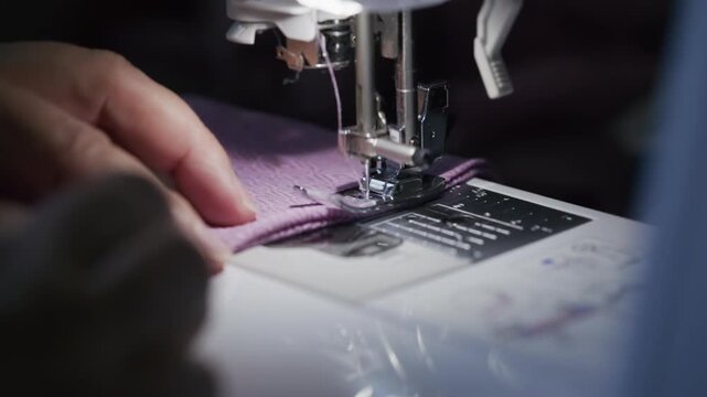 Sewing machine needle plunging into purple fabric close-up