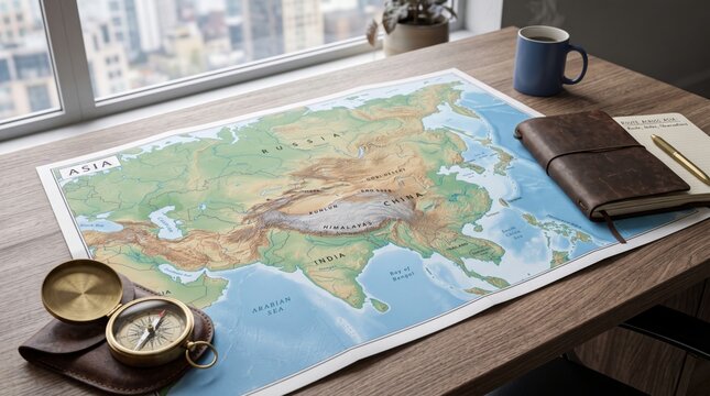 A detailed physical map of Asia is displayed on a wooden desk near a bright window.