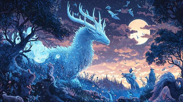 A mystical blue dragon with antlers stands in a moonlit forest with howling wolves and birds