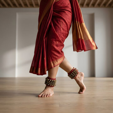 Indian Classical Dancer's Bare Feet with Ghungroo on Wooden Floor