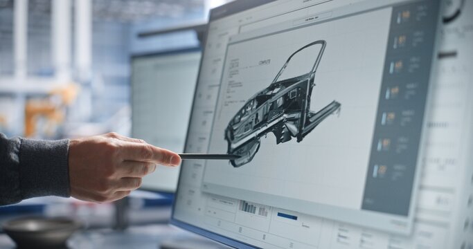 Specialist Pointing Stylus at 3D Car Body CAD Model on Computer Screen. Computer Aided Engineering and Digital Twin Software Optimize Automotive Design. Digital Twin Technology and Vehicle Design.