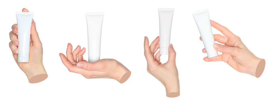 Set of hand contemporary art style holding cosmetic cream tube, isolated on transparent background. Perfect for skincare design, beauty projects, cosmetic advertising, and modern art concepts