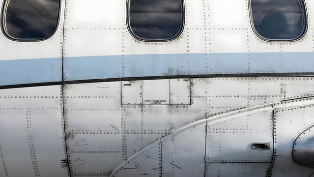 Close-up of vintage airplane fuselage, aluminum metal skin, rows of rivets, cabin windows, and weathered aircraft exterior texture
