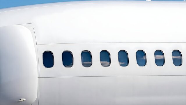 Commercial airplane fuselage exterior closeup showing passenger cabin windows and white aircraft body against a blue sky