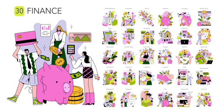 Finance people managing savings and payments vector set