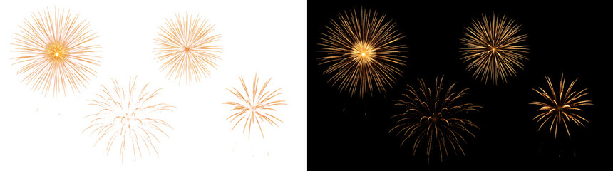 Obraz premium Gold fireworks display exploding across a festive night sky featuring PNG, Transparent and Black Background Versions for celebration design