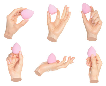 Set of hand contemporary art style holding cosmetic sponge, isolated on transparent background. Perfect for makeup design, beauty projects, cosmetic advertising, and modern art concepts