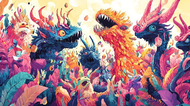Group of colorful mythical dragons in a vibrant fantastical forest landscape