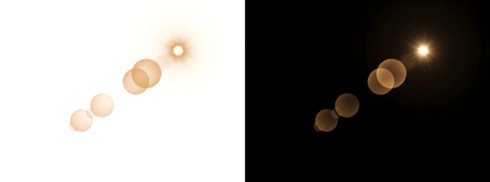 Gold lens flare glowing with soft bokeh circles trailing diagonally featuring PNG, Transparent and Black Background Versions for cinematic design