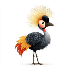 Fototapeta premium Cute Cartoon Grey Crowned Crane Standing Alone On Isolated White Background