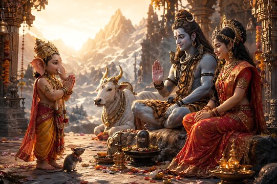 Ganpati Bappa with Mahadev Shiva and Maa Parvati &ndash; Sacred Hindu Celebration of Ganesh Chaturthi, Sankashti Chaturthi and Shivratri
