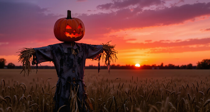 Scary scarecrow with a halloween pumpkin head in a field at sunset. Halloween background, copy space.
