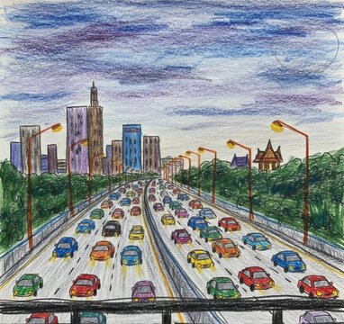 Colored pencil drawing of heavy traffic on city highway with skyscrapers and Thai temple