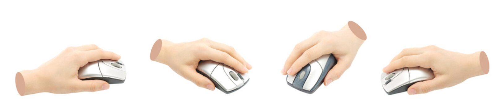 Set of Hand holds a computer mouse, isolated on transparent background, technology concept. Contemporary art design