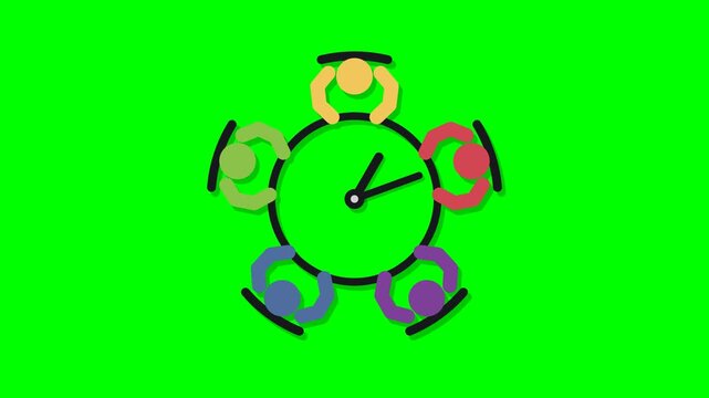 Flat vector teamwork concept like the reference on solid chroma green background: five colored people (yellow, red, purple, blue, green) seen from above with round heads, thicker filled bent arms whos