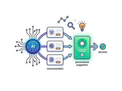 AI recommendation engine clipart isolated on white background: AI Decision Making Concept
