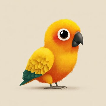 Cute Fluffy Sun Conure Parrot With Vibrant Yellow And Orange Feathers Against Minimalist Background