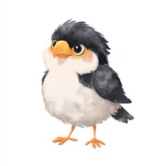 Fototapeta premium Cute Watercolor Illustration Of A Fluffy Small Black And White Bird With Yellow Beak On Plain White