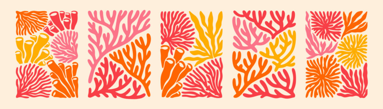 Hand drawn doodle boho coral, seaweed pattern set. Summer organic irregular shape liquid abstract funky background. Caribbean, Hawaiian, mediterranean beach vacation. Ocean underwater life