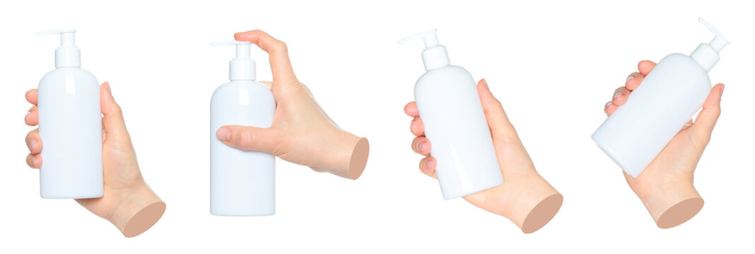 Set of hand contemporary art style holding soap dispenser bottle, isolated on transparent background. Perfect for hygiene design, advertising, cosmetic concepts, and contemporary art projects