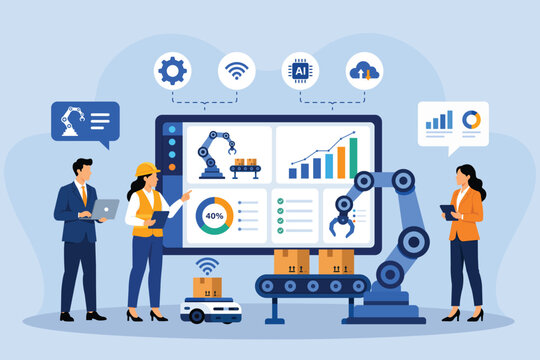 Flat corporate vector illustration depicting smart factory automation, industrial IoT, and digital transformation. Engineers analyze production data and robotic assembly lines on a dashboard display.