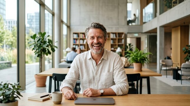 A smiling man sits in a modern office with a laptop, unaware that a corporate disaster is about to strike his business from afar, creating tension amidst a bright day