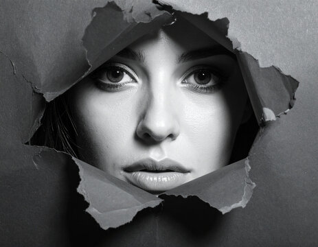 Woman looking through torn paper hole in black and white