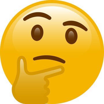 Thinking yellow emoji face with hand on chin questioning or wondering isolated