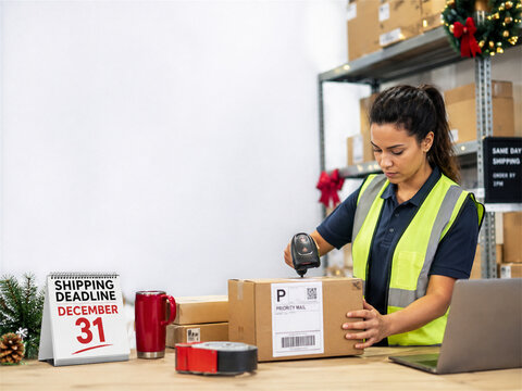 Warehouse worker scanning and sealing a cardboard parcel beside a laptop and december 31 shipping deadline sign in a holiday fulfillment area preparing ecommerce orders before cutoff