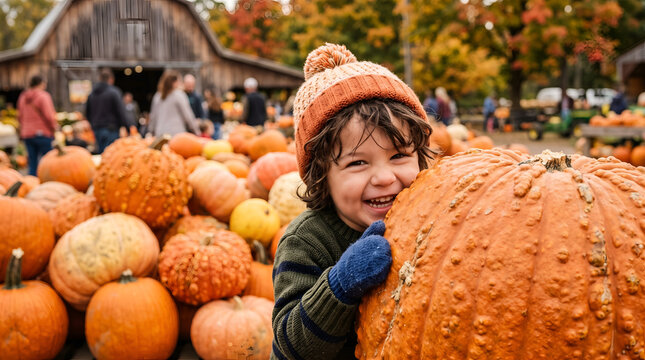 Happy child peeking behind a large pumpkin at a fall harvest festival farm patch