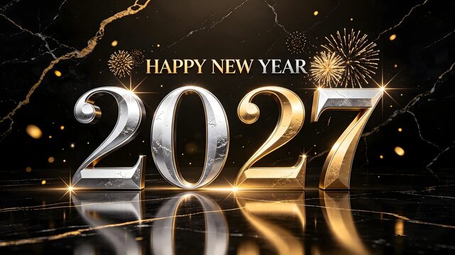 Happy New Year 2027 Silver Gold 3D Numbers Black Marble Fireworks Background