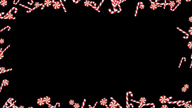 Falling Red Candy Canes and Peppermints border frame Isolated Alpha Channel Animation ,Christmas and New Year Holiday Celebration Videos Overlay social media motion design element