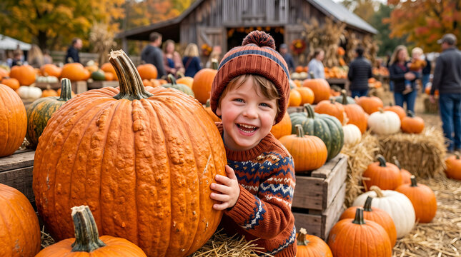 Happy child peeking behind a large pumpkin at an autumn harvest festival farm patch