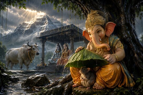 Lord Ganesha Ganpati Bappa with Lord Shiva and Parvati Maa Celebrating Ganesh Chaturthi, Vinayaka Chaturthi, Gauri Puja and Maha Shivratri
