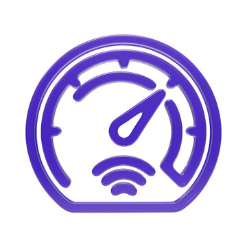 3D purple speedometer icon for network performance measurement, internet speed test, and system gauge