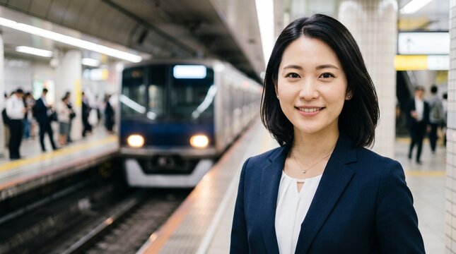 プロフィール写真をイメージした、地下鉄のホームを背にして穏やかな笑顔をカメラに向けている、知的な印象の20代日本人女性社員のバストアップポートレート