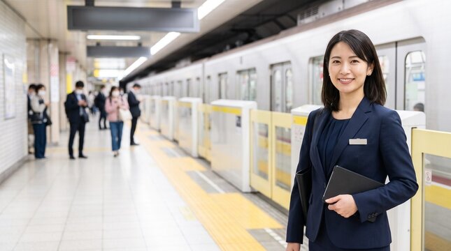 プロフィール写真をイメージした、地下鉄のホームを背にして穏やかな笑顔をカメラに向けている、知的な印象の20代日本人女性社員のバストアップポートレート
