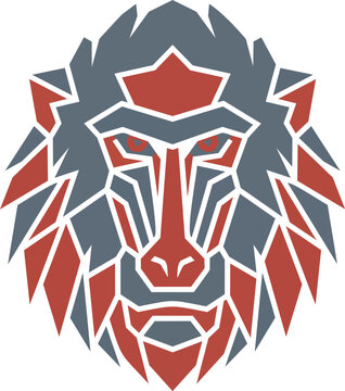 Geometric baboon head logo design, stylized primate vector illustration in red and grey.