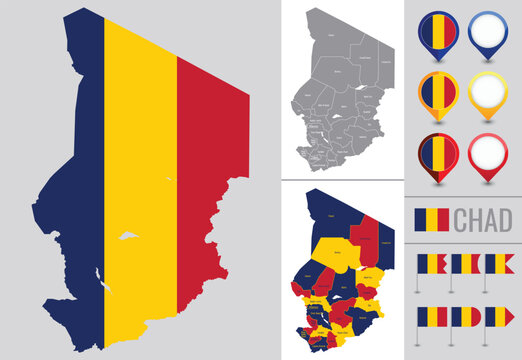 Vector map of chad with flag, globe and icons on white background