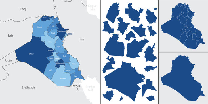 blue administrative map of iraq with governorate divisions, regional silhouettes and neighboring countries