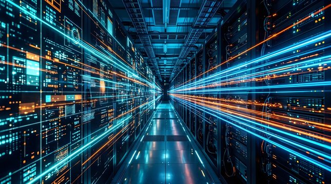 Futuristic data center with glowing light trails, high speed digital server room, fiber optic network technology infrastructure
